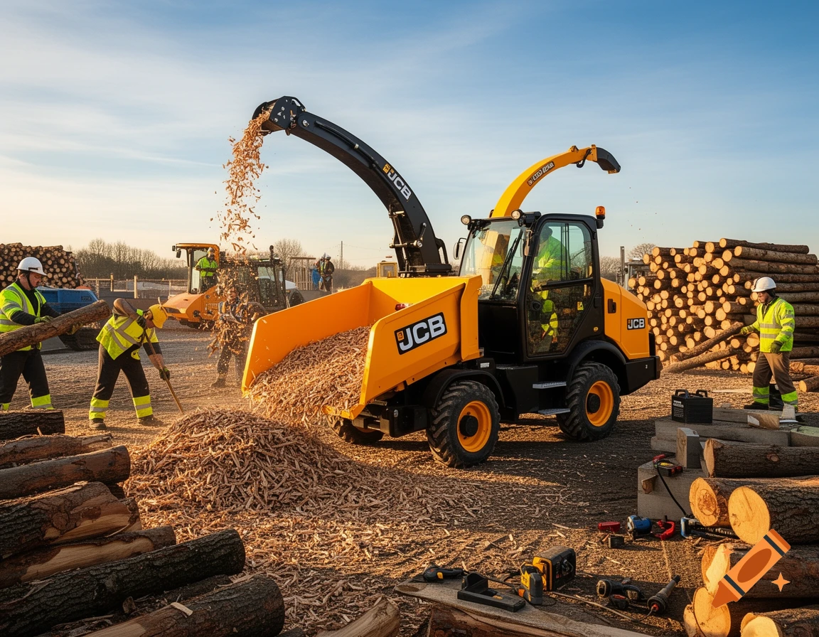Photorealistic image of a yellow JCB wood chipper processing logs into wood chips in a sunny timber yard, with workers assisting.