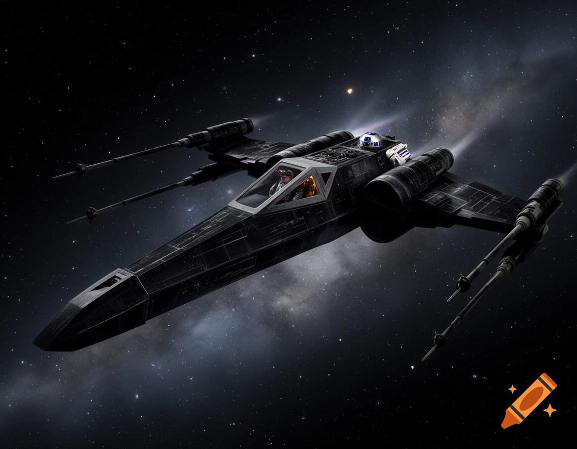 A black X-wing spacecraft with a pilot and R2-D2 flies through deep space, with stars and nebulae in the background.
