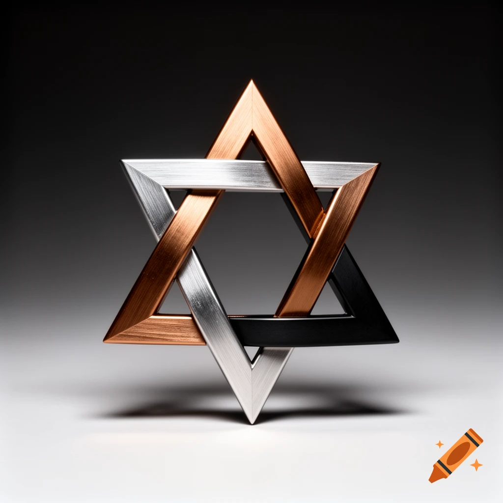 A shiny, interwoven six-pointed star made of silver, copper, and black metallic triangles against a dark background.