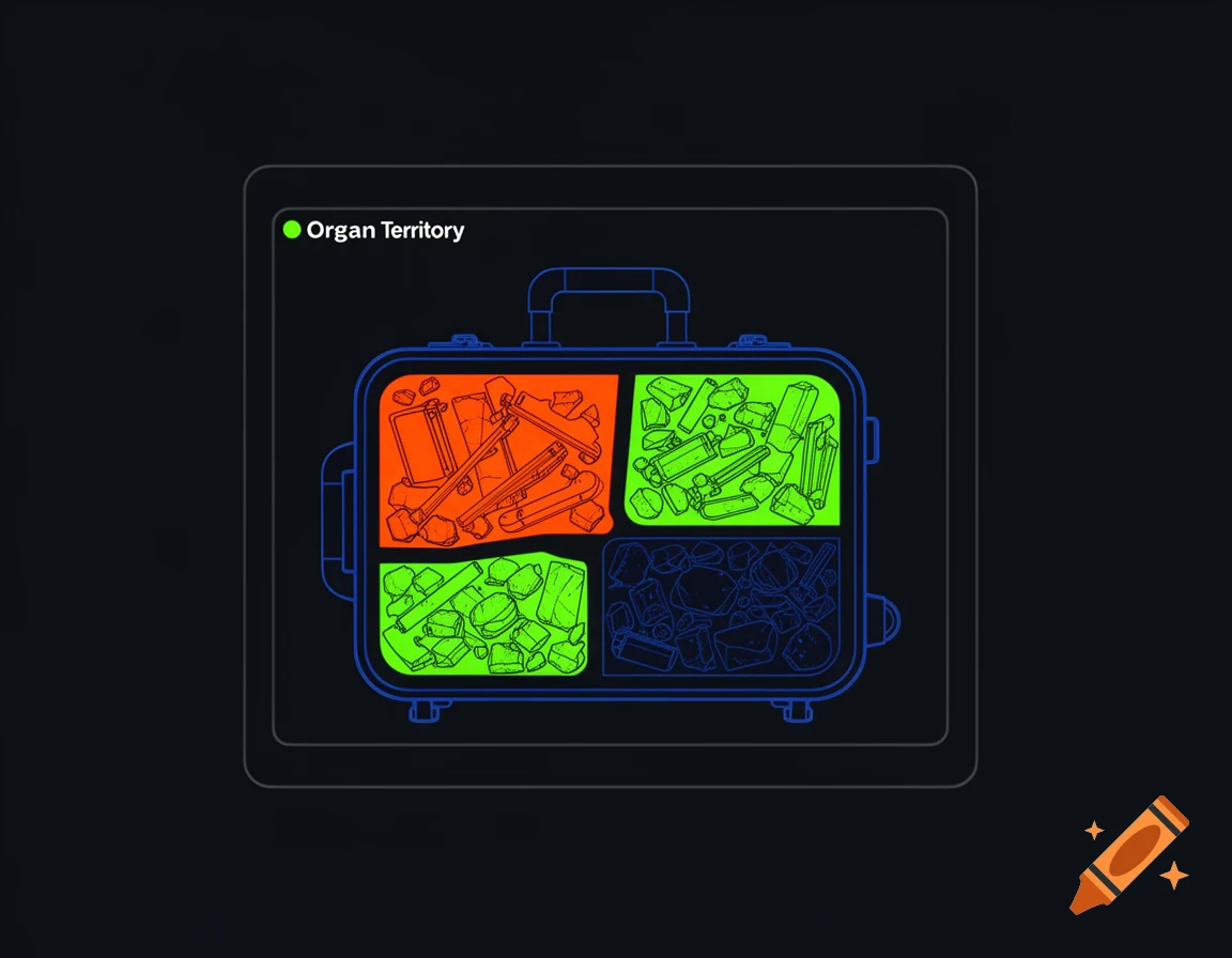 Stylized infographic of an airport scanner view of a suitcase, showing color-coded compartments of materials and the text 'Organ Territory'.