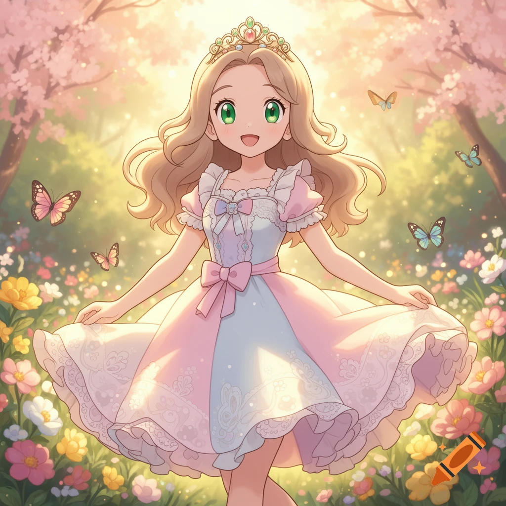 Smiling anime girl with blonde hair, green eyes, pink and blue princess dress, and tiara in a sunny flower garden with butterflies.