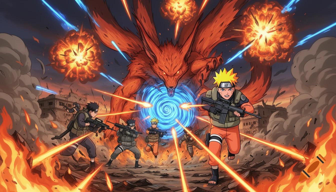Anime-style scene of Naruto and soldiers with guns battling a giant nine-tailed fox amidst explosions and fire.