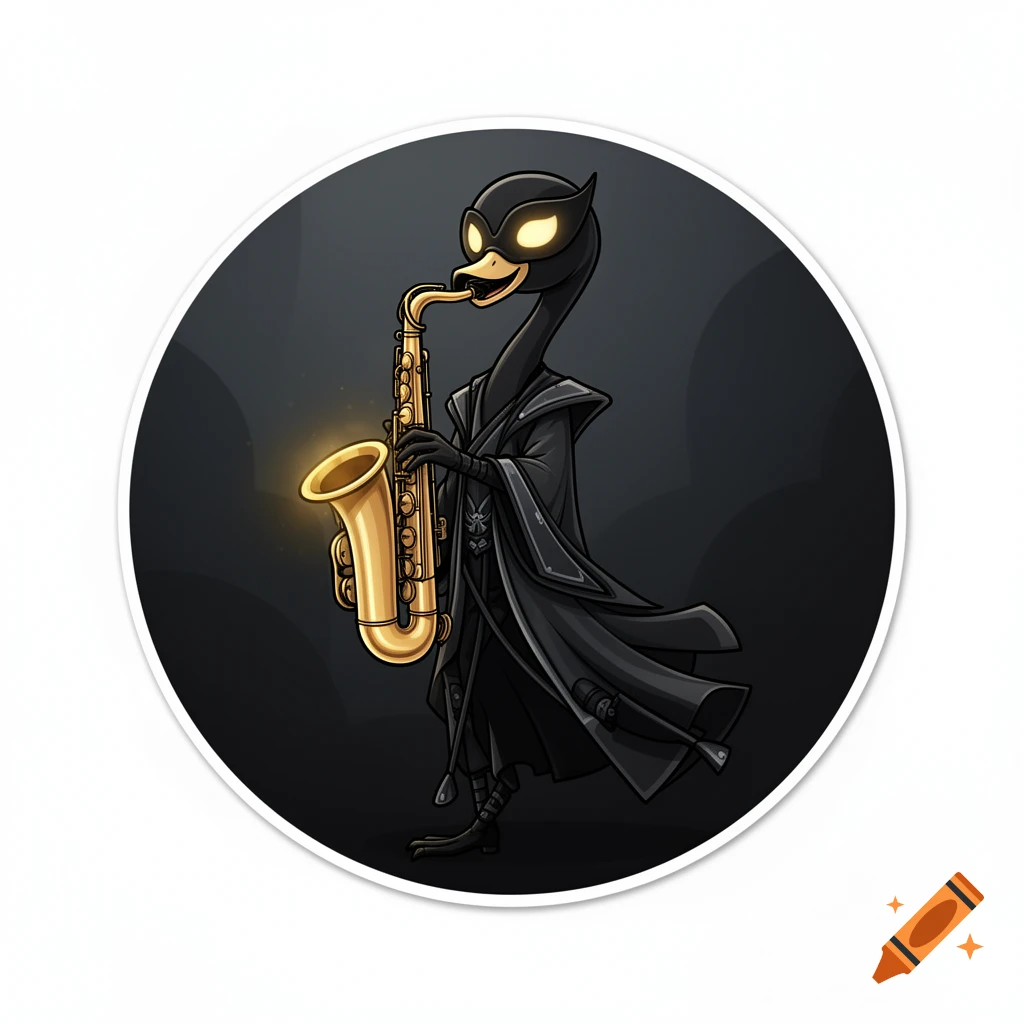 A stylized black flamingo character with glowing eyes, wearing dark robes, plays a golden saxophone in a cartoon illustration.