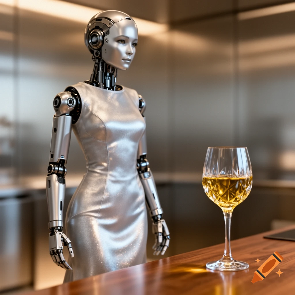 A silver humanoid robot in a metallic silver dress stands beside a glass of yellowish liquid on a polished wooden counter in a modern interior.