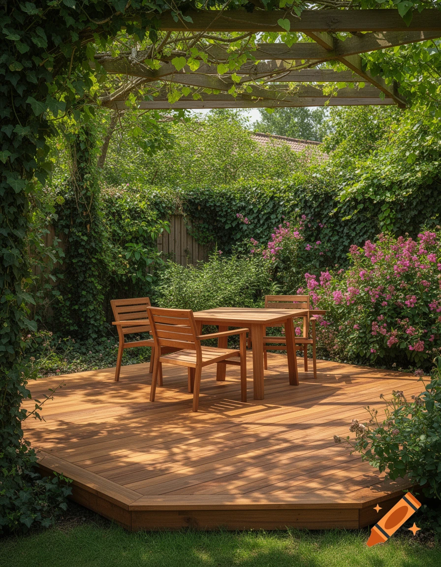 A wooden patio with a table and chairs, surrounded by lush green ivy and pink flowering bushes under a wooden pergola.