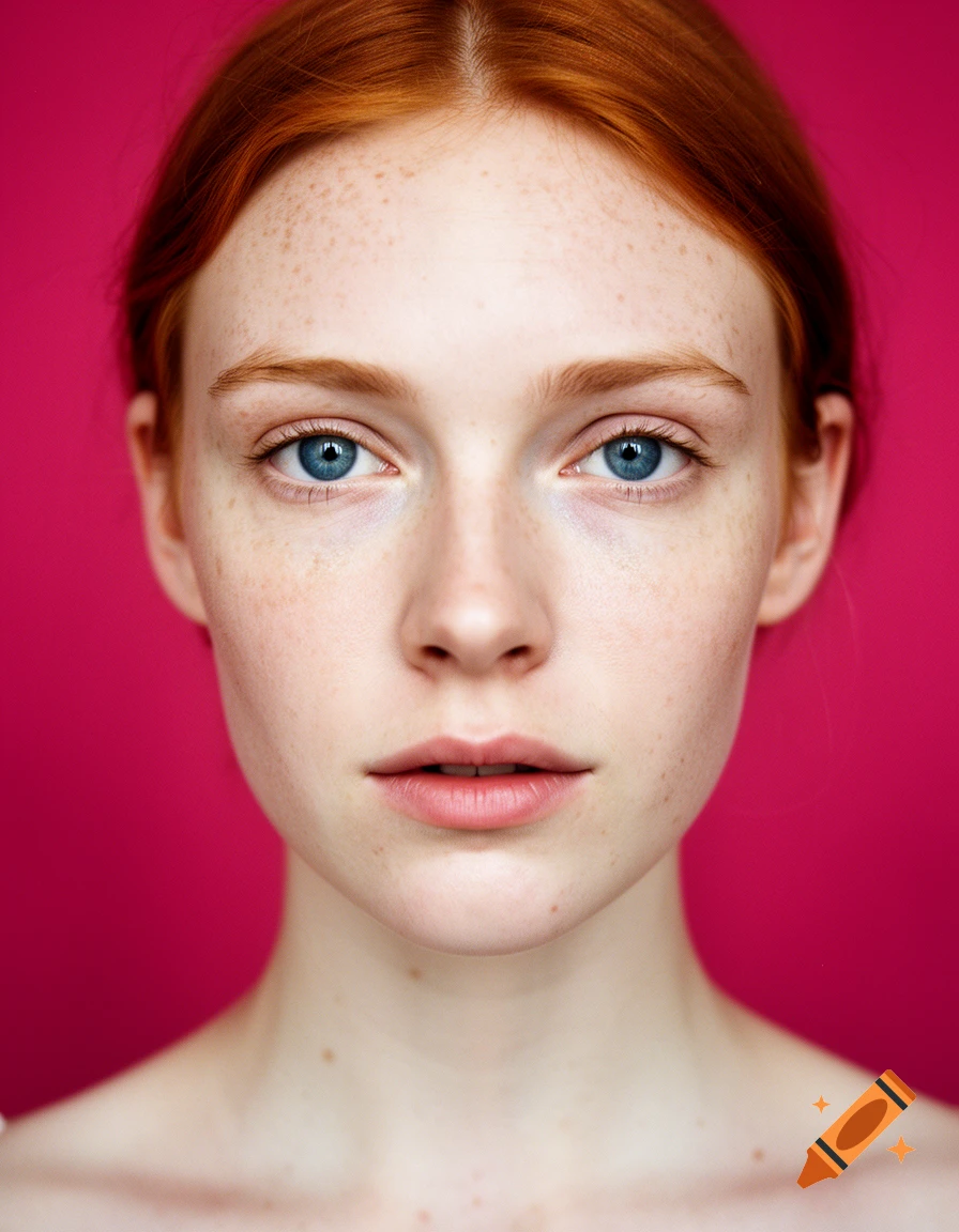 A close-up portrait of a young woman with red hair, blue eyes, and freckles, looking directly at the camera against a magenta background.