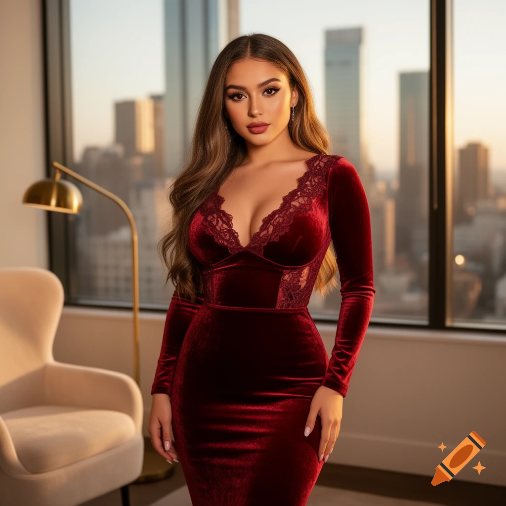 Photorealistic portrait of a woman in a deep red velvet and lace dress, standing by a window with a city skyline at sunset.