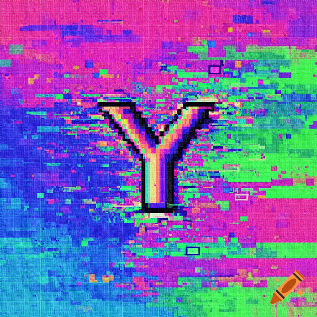 Pixel art glitch effect of a rainbow-colored letter Y on a vibrant pink and blue background.