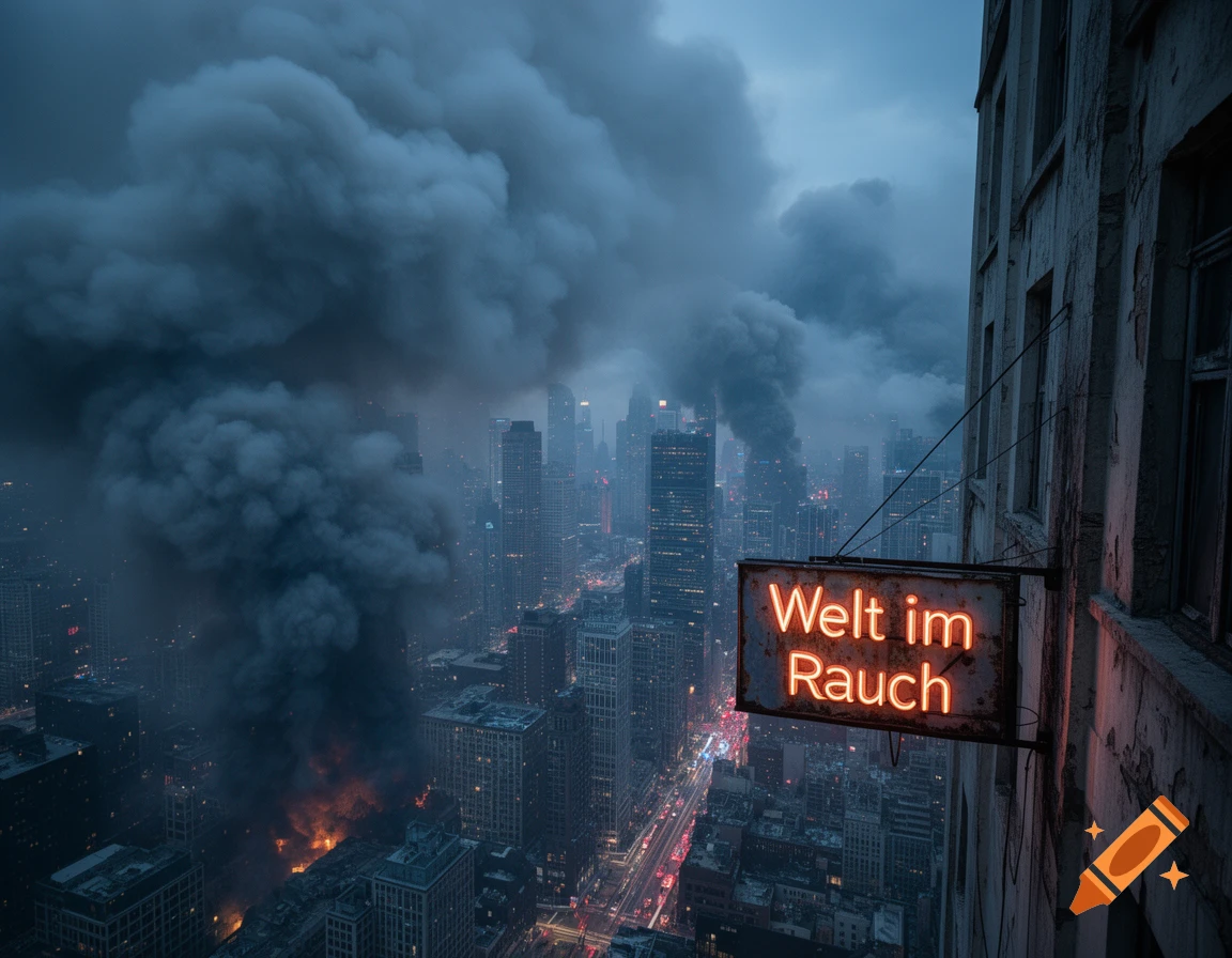 Dystopian cityscape engulfed in thick smoke and fire under a dark sky, with a neon sign reading 'Welt im Rauch' on a building.