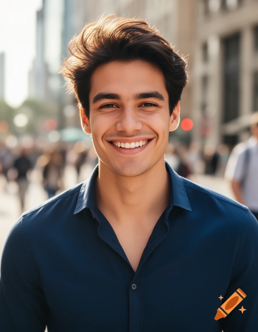 A photorealistic portrait of a smiling young man with dark hair, wearing a navy blue shirt, standing on a sunny city street.