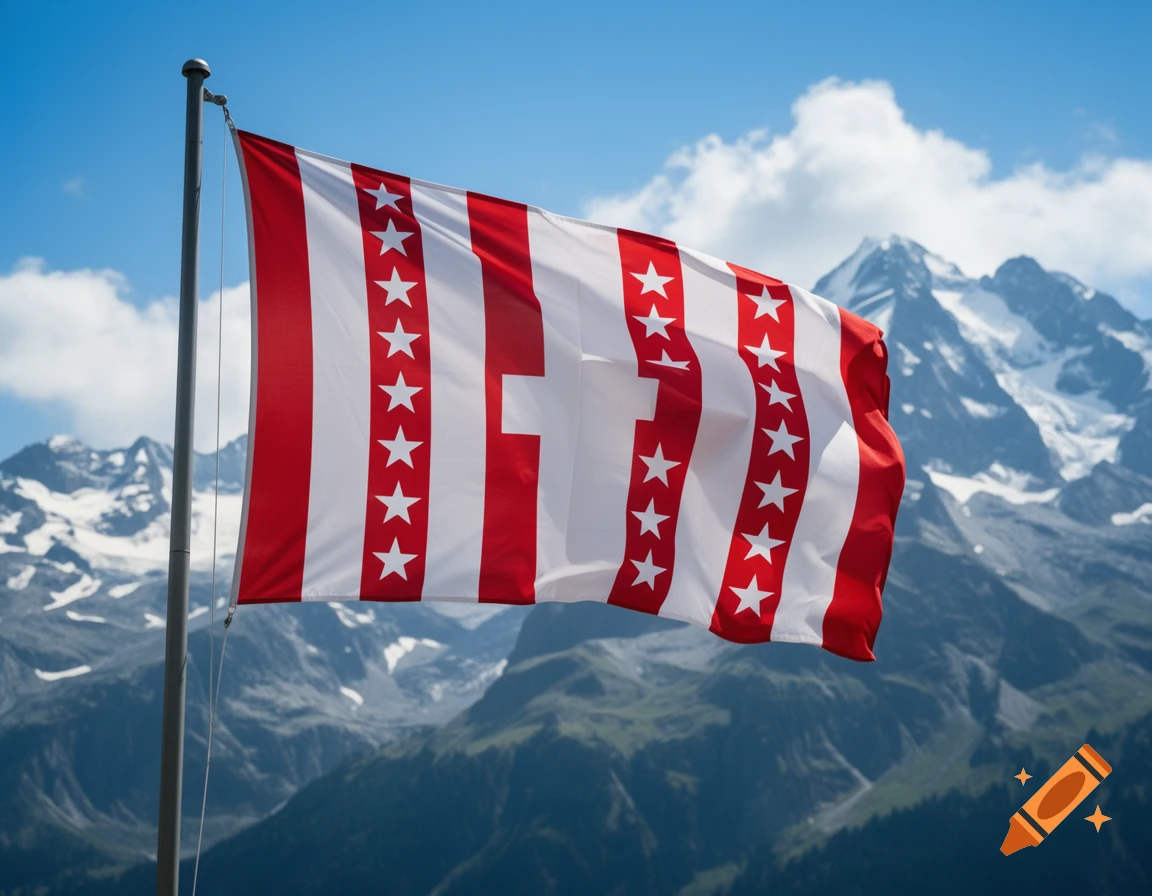 A Valais flag, red and white with stars and a cross, waves against snow-capped mountains under a blue sky.