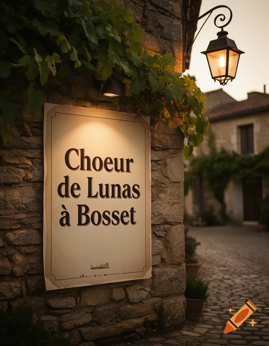 A poster for 'Choeur de Lunas \u00e0 Bosset' on a stone wall, illuminated by a lantern, in a rustic village alley at dusk.