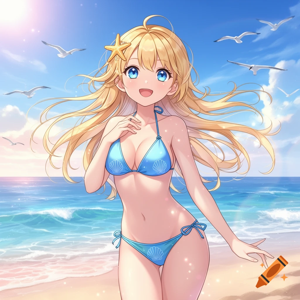 A smiling blonde anime girl in a blue seashell bikini on a sunny beach, with seagulls flying in the sky.