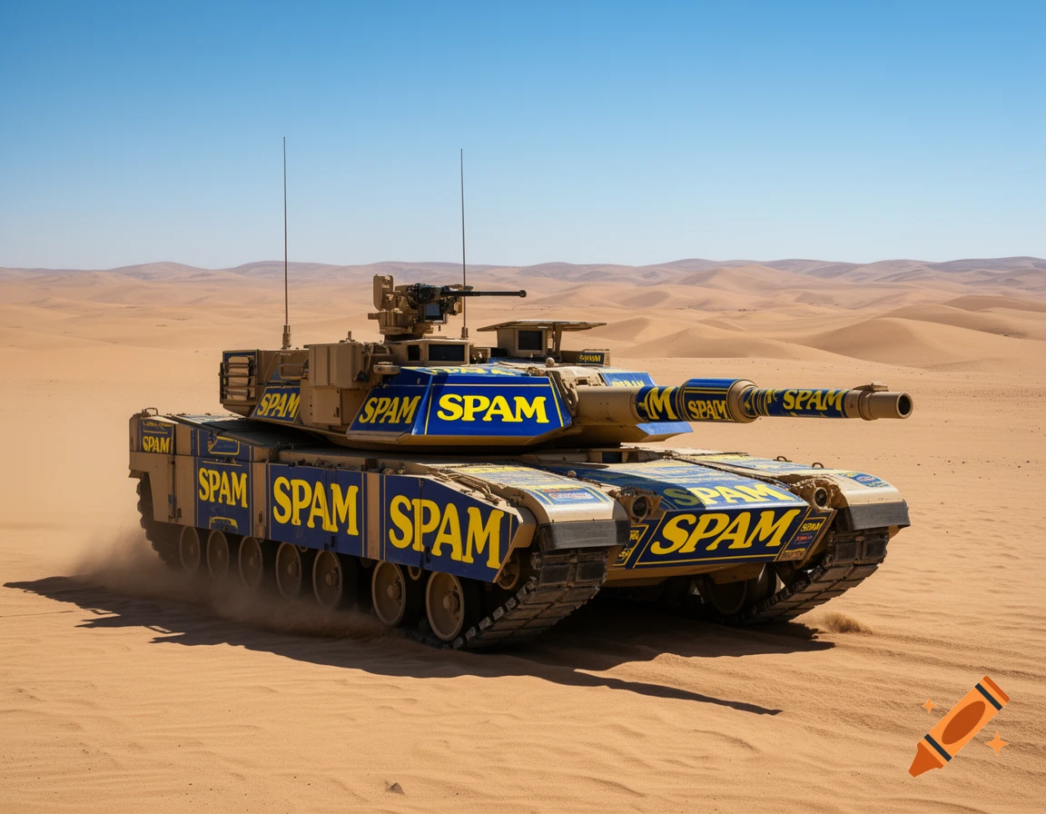 A tan M1 Abrams tank with blue and yellow SPAM branding drives through a sandy desert under a clear blue sky.