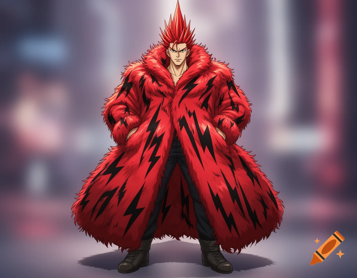 An anime man with spiky red hair and a severe expression stands in a long, shaggy red fur coat with black lightning bolt patterns, hands in pockets.