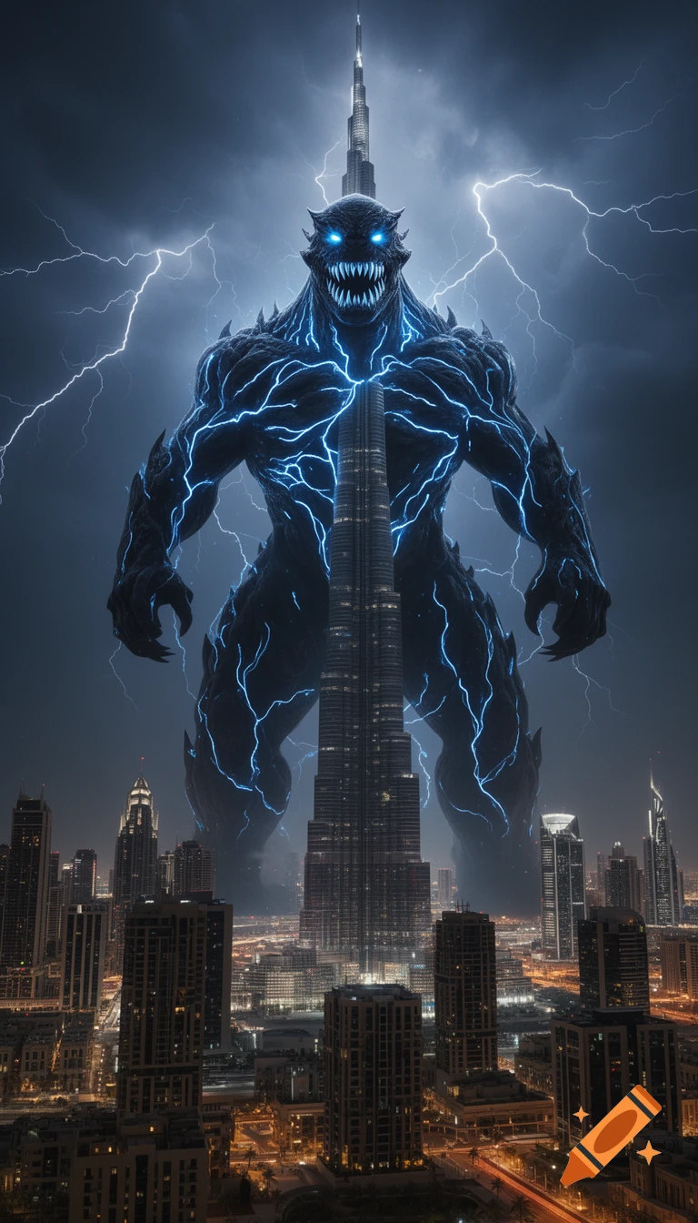 A colossal, dark, electric monster with glowing blue eyes and lightning surging through its body stands behind the Burj Khalifa in a stormy cityscape at night.