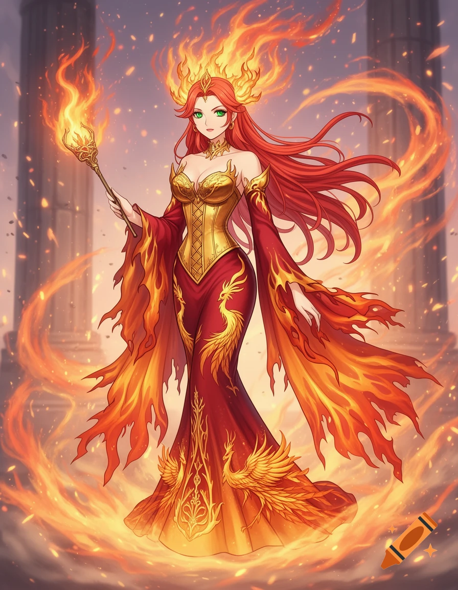 Anime fire witch with red hair and green eyes, in a golden corset and fire-themed red dress, holding a fiery staff amidst flames.