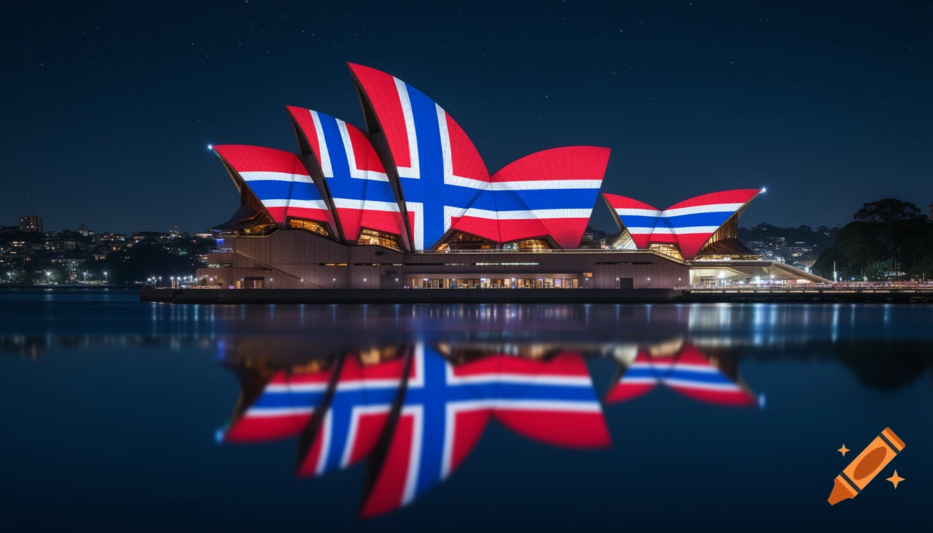 Photorealistic image of the Sydney Opera House illuminated with the Norwegian flag at night, reflected in the water.