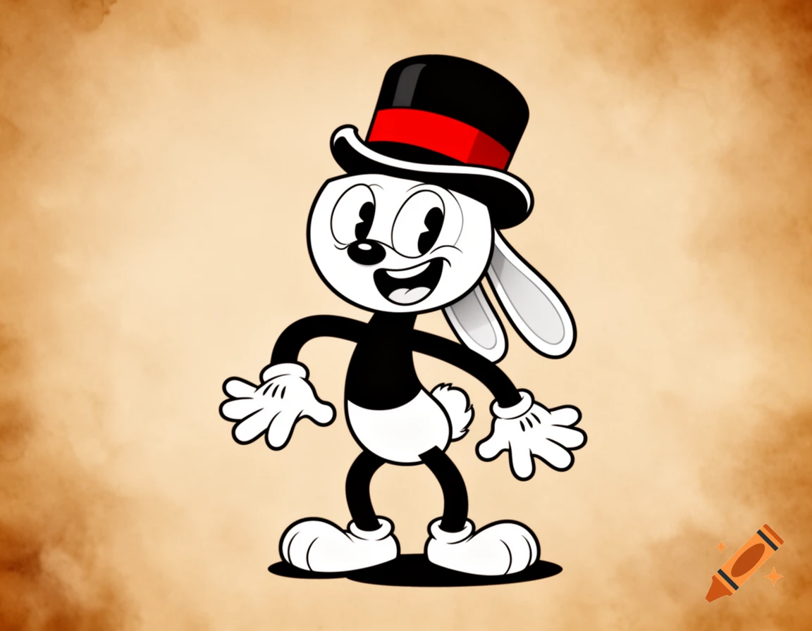 A white rubber hose cartoon rabbit wearing a black top hat with a red stripe, standing against a textured beige background.