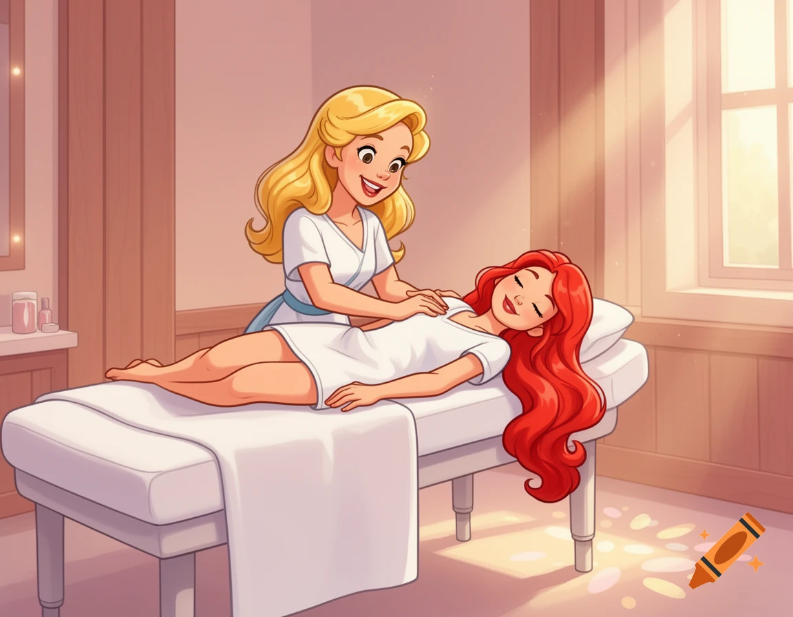 A blonde cartoon woman massages a red-haired woman lying on a massage table in a sunny spa room.