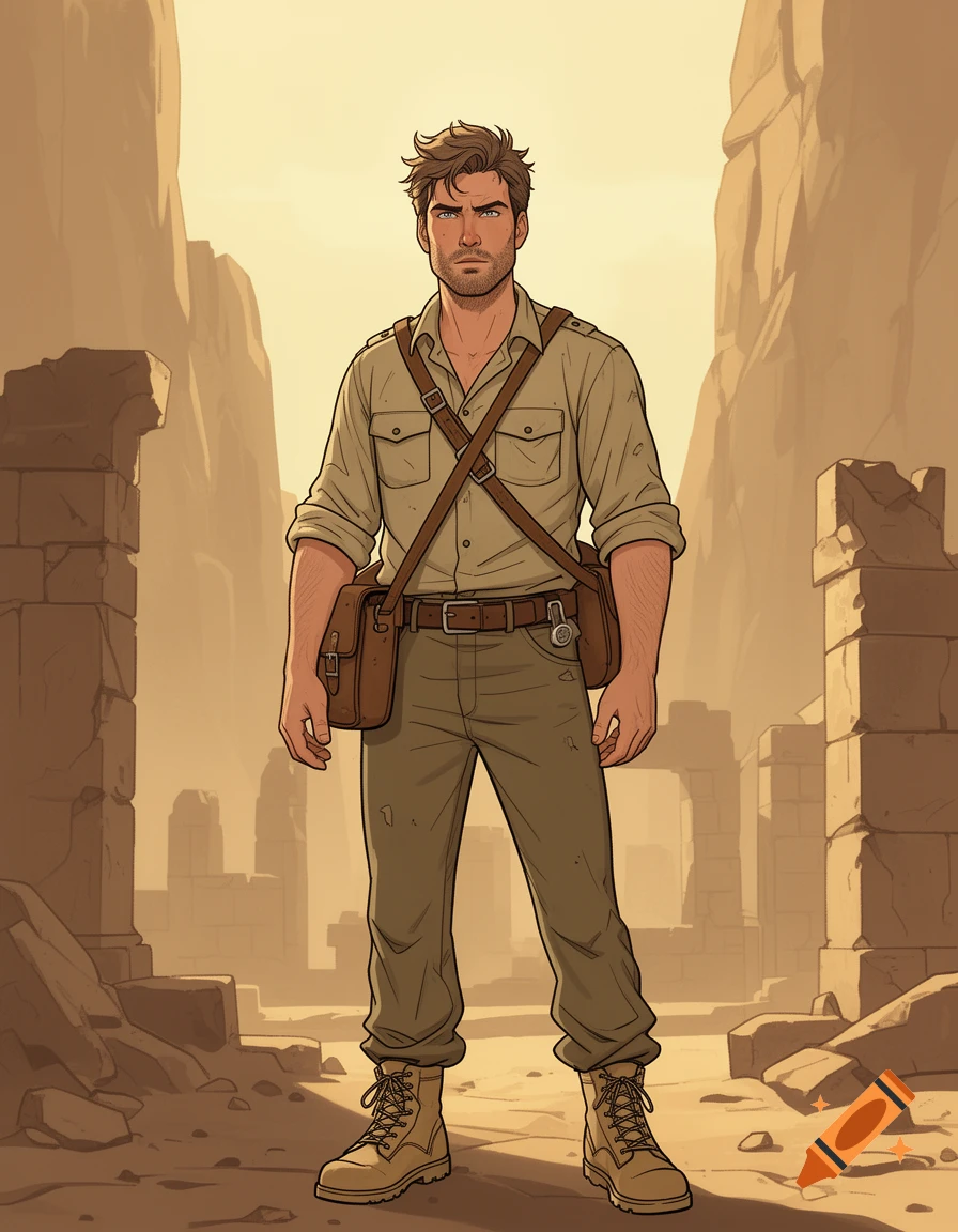 A cartoon male archaeologist with brown hair and a beard, wearing a khaki outfit and satchel, stands in ancient desert ruins.