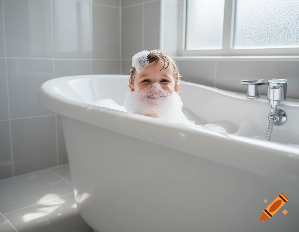 A smiling child with foam on their face and head in a white bathtub.