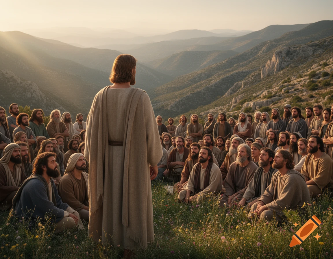 Photorealistic depiction of Jesus facing a large crowd of men seated on a grassy, wildflower-strewn mountain slope at sunrise.