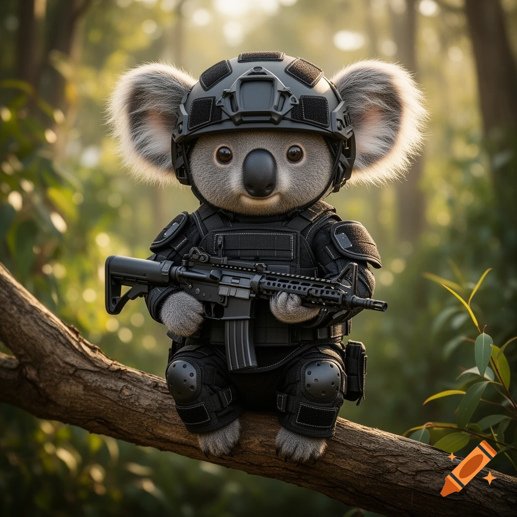 Adorable koala in tactical armor holds an M4 rifle, sitting on a tree branch in a sunny forest.