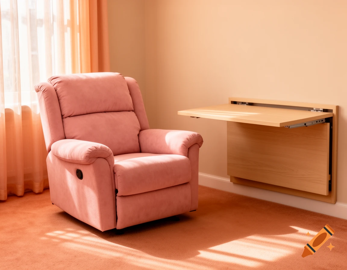 A pink recliner sits on a peach carpet next to a light wood fold-down wall desk, bathed in sunlight from a window with peach curtains.