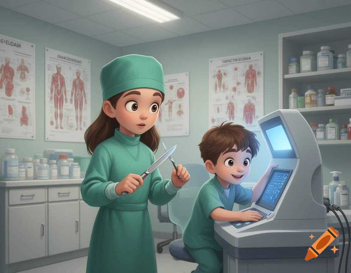 A cartoon girl in scrubs holds surgical tools while a boy in scrubs operates a medical scanner in a hospital.