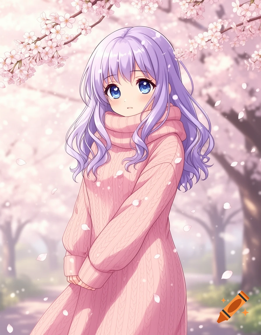 Anime girl with light purple hair and big blue eyes, wearing a pink oversized cable-knit sweater under blooming cherry blossoms.