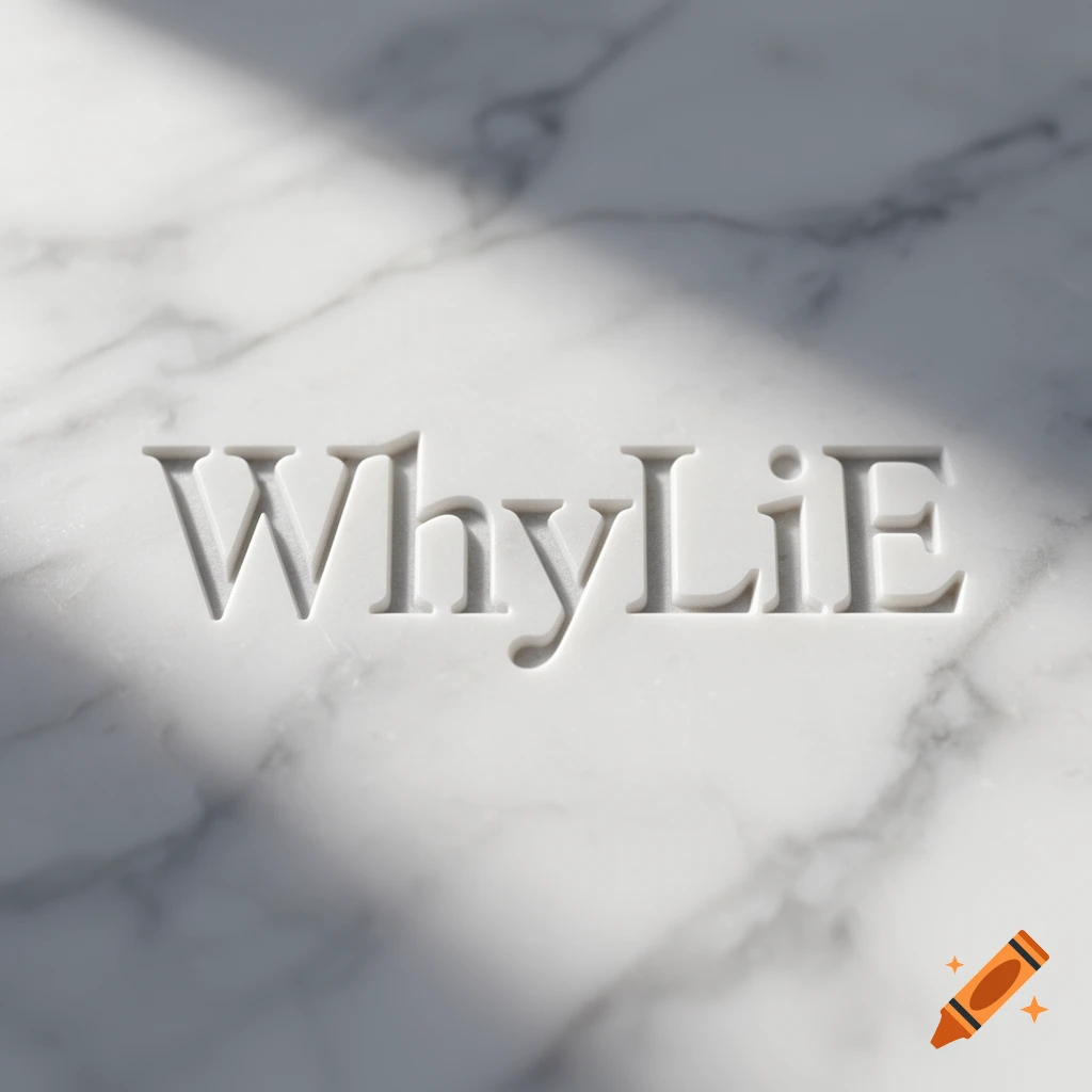 The word 'WhyLiE' deeply carved into a white marble slab, highlighted by soft side lighting.