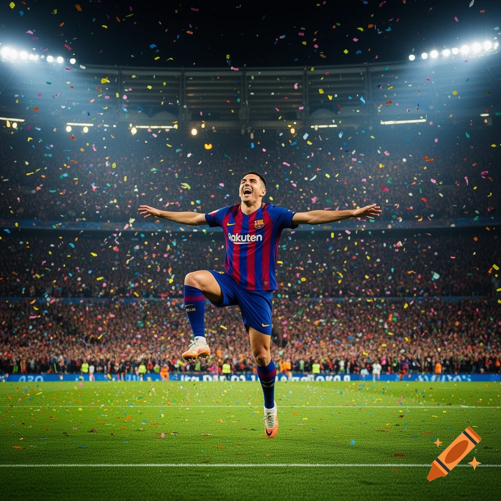 Photorealistic image of a soccer player in a blue and red striped uniform celebrating on a stadium field under falling confetti with fans in the background.