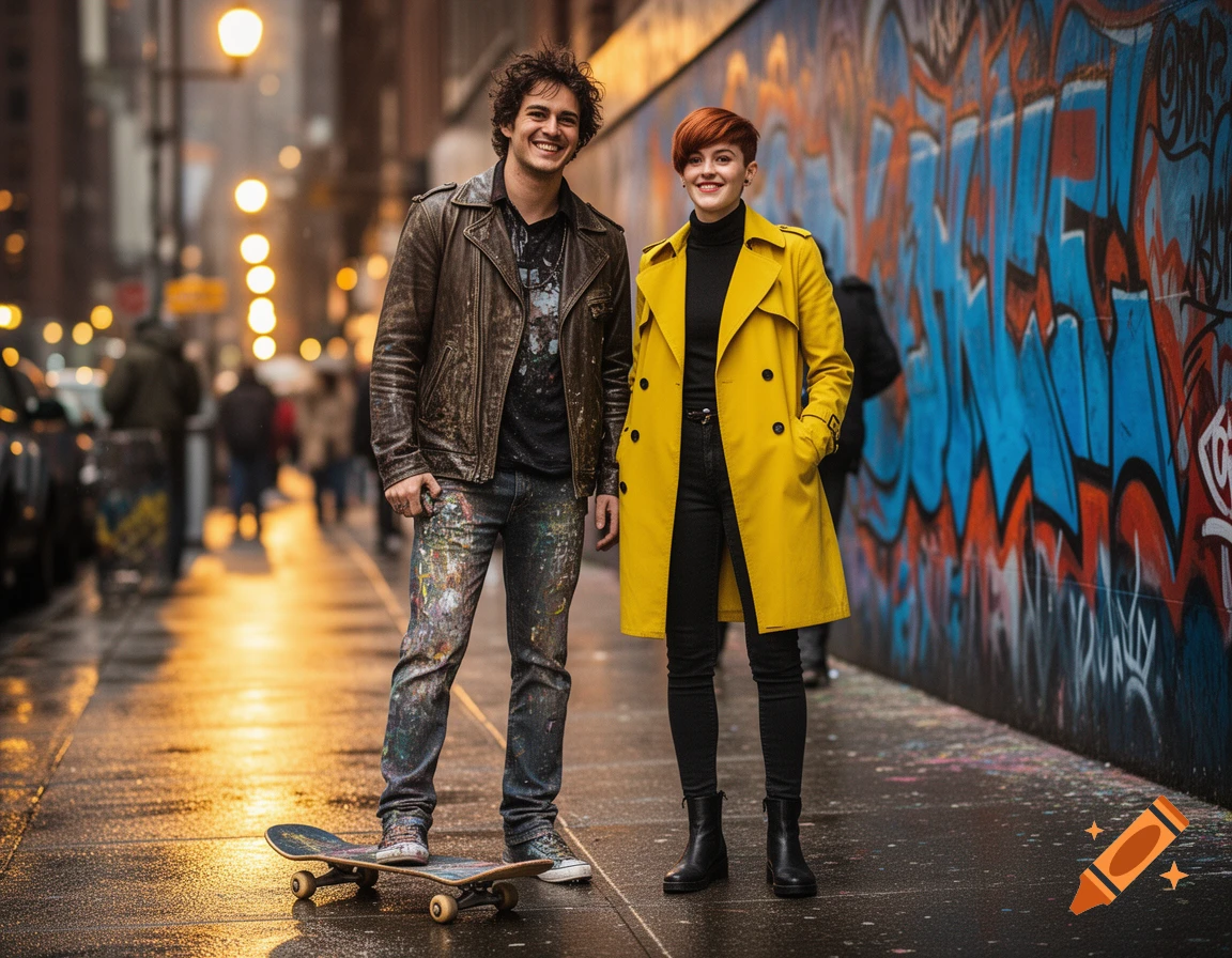 A man in a leather jacket with paint-splattered jeans and a woman in a yellow trench coat stand on a wet city street in front of a graffiti wall.