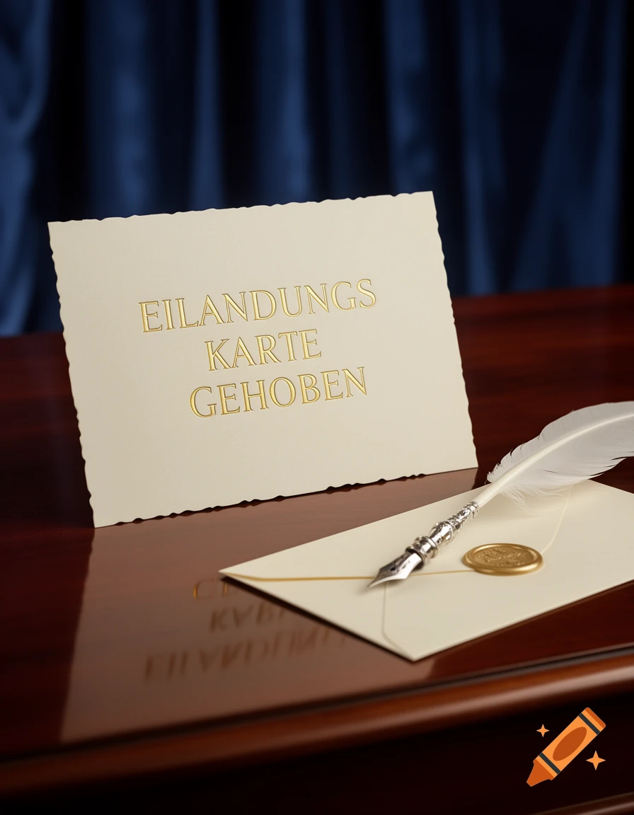 A cream-colored invitation card with gold text, an envelope with a gold wax seal, and a white feather quill on a polished wooden desk.