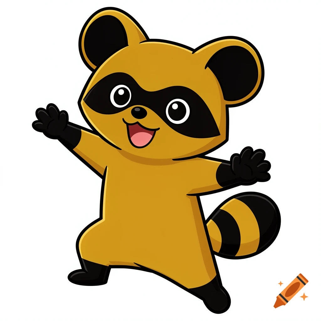 A cheerful mustard-yellow raccoon-dog mascot in a dynamic pose, waving, with black bandit mask, thick outlines, and flat cel shading.