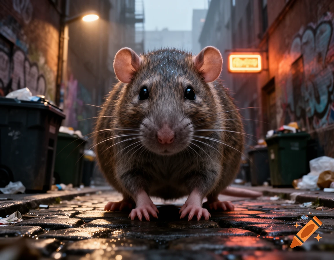 Photorealistic close-up of a large rat on a wet cobblestone street in a grimy urban alley with trash cans and graffiti.