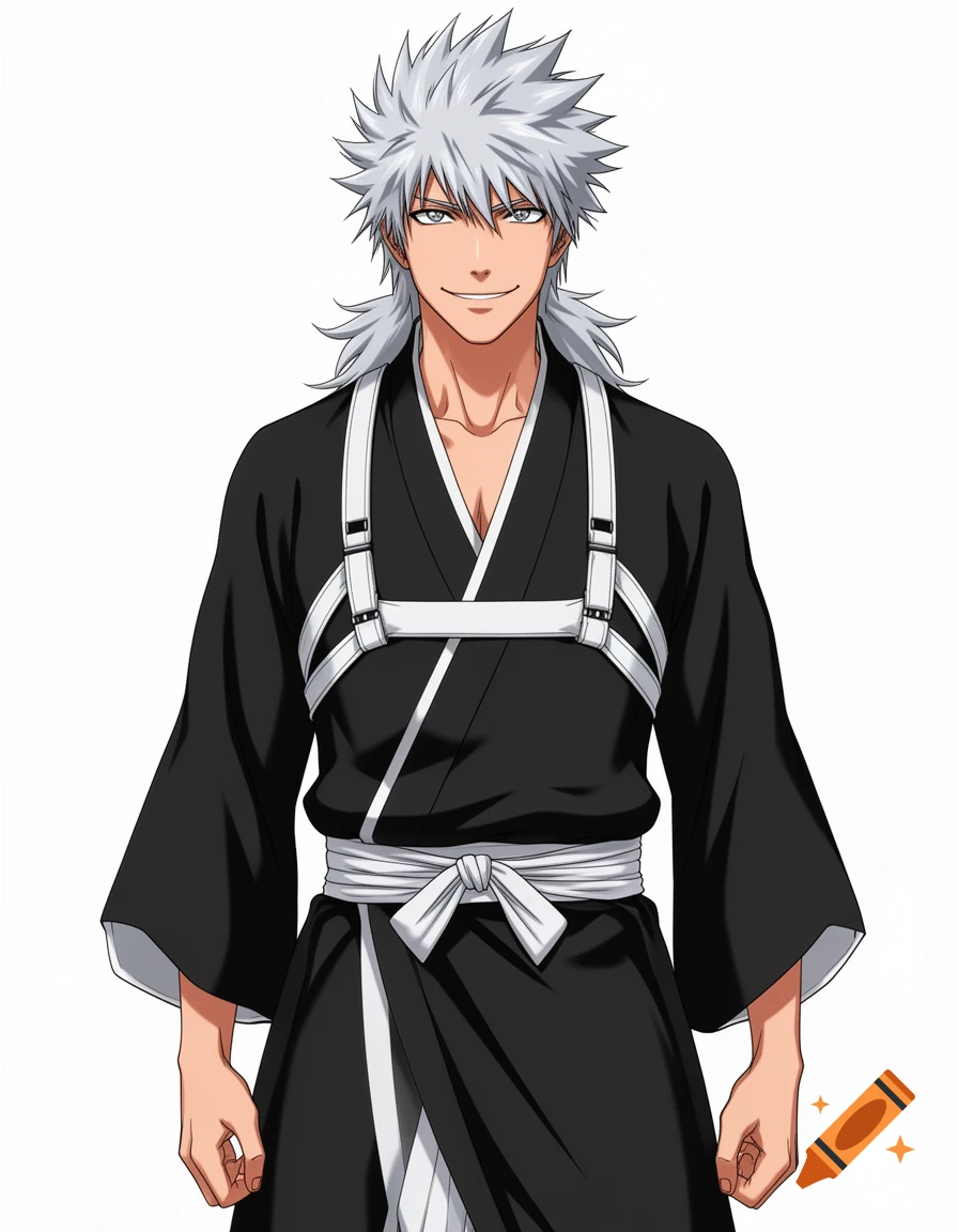 Anime male warrior with spiky silver hair, sharp eyes, and a relaxed smile, wearing black martial arts robes with white straps.