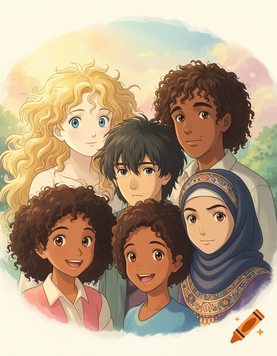 A colorful Studio Ghibli anime portrait featuring five diverse young people, including a blonde girl and a girl in a blue hijab.