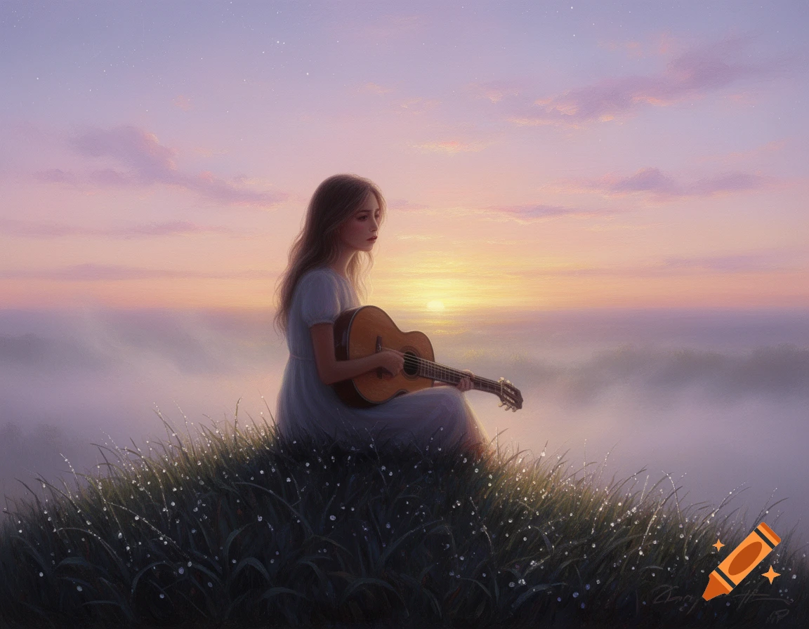 A young woman with long hair sits on a dewy grassy hill, holding a guitar, against a soft pink and purple sunrise over a misty valley. Artistic painting style.