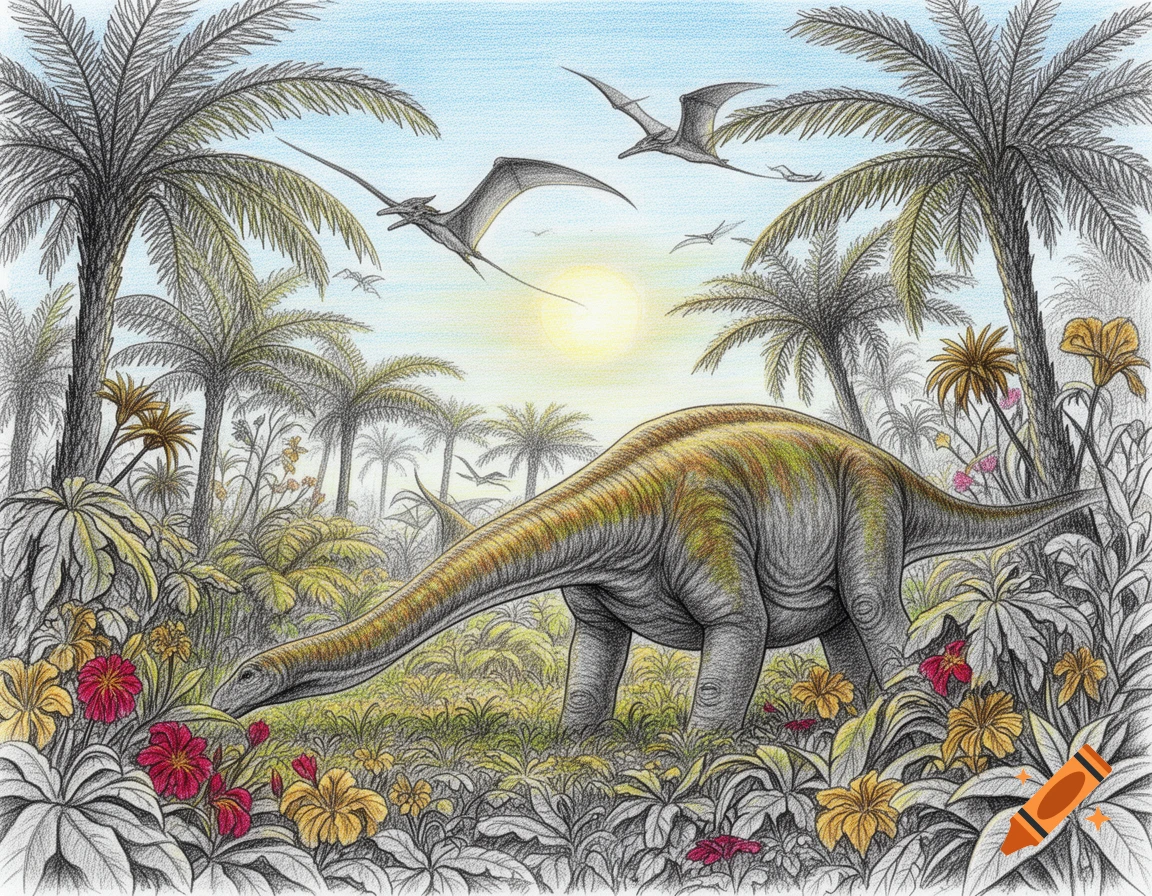A detailed colored pencil drawing of a long-necked dinosaur eating plants in a lush prehistoric landscape with palm trees and pterodactyls flying under a setting sun.