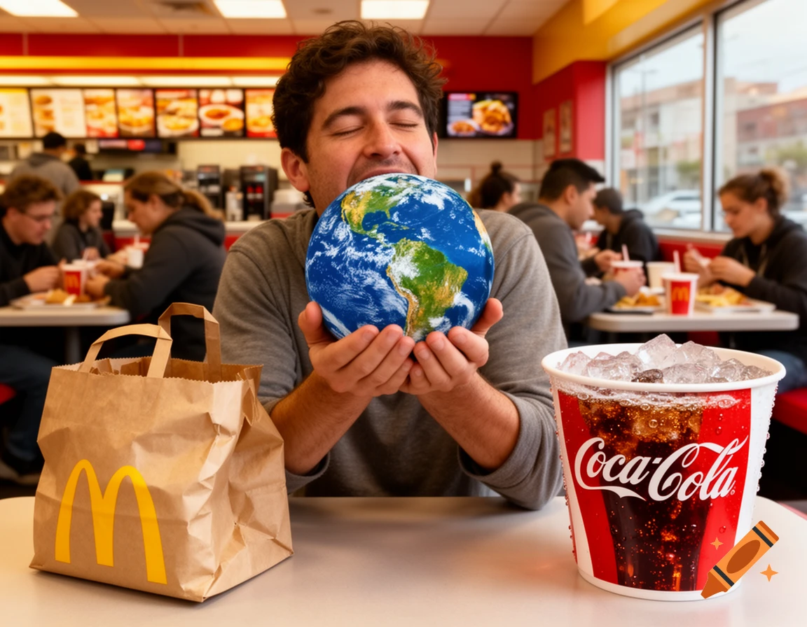 A man at McDonald's eats a globe of Earth, with a fast food bag and Coca-Cola cup on the table.