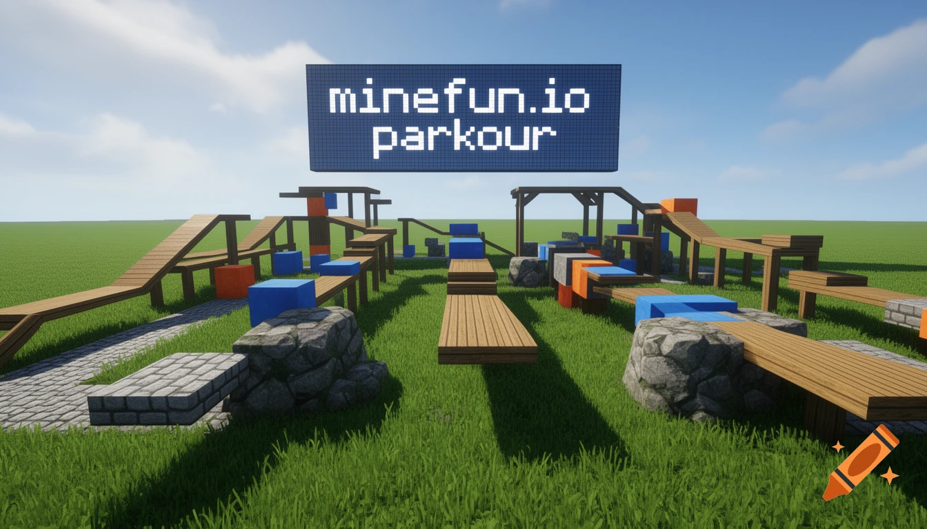 A Minecraft-style parkour course with wooden ramps, blue and orange blocks, and stone obstacles on a grassy field. A sign reads 'minefun.io parkour'.
