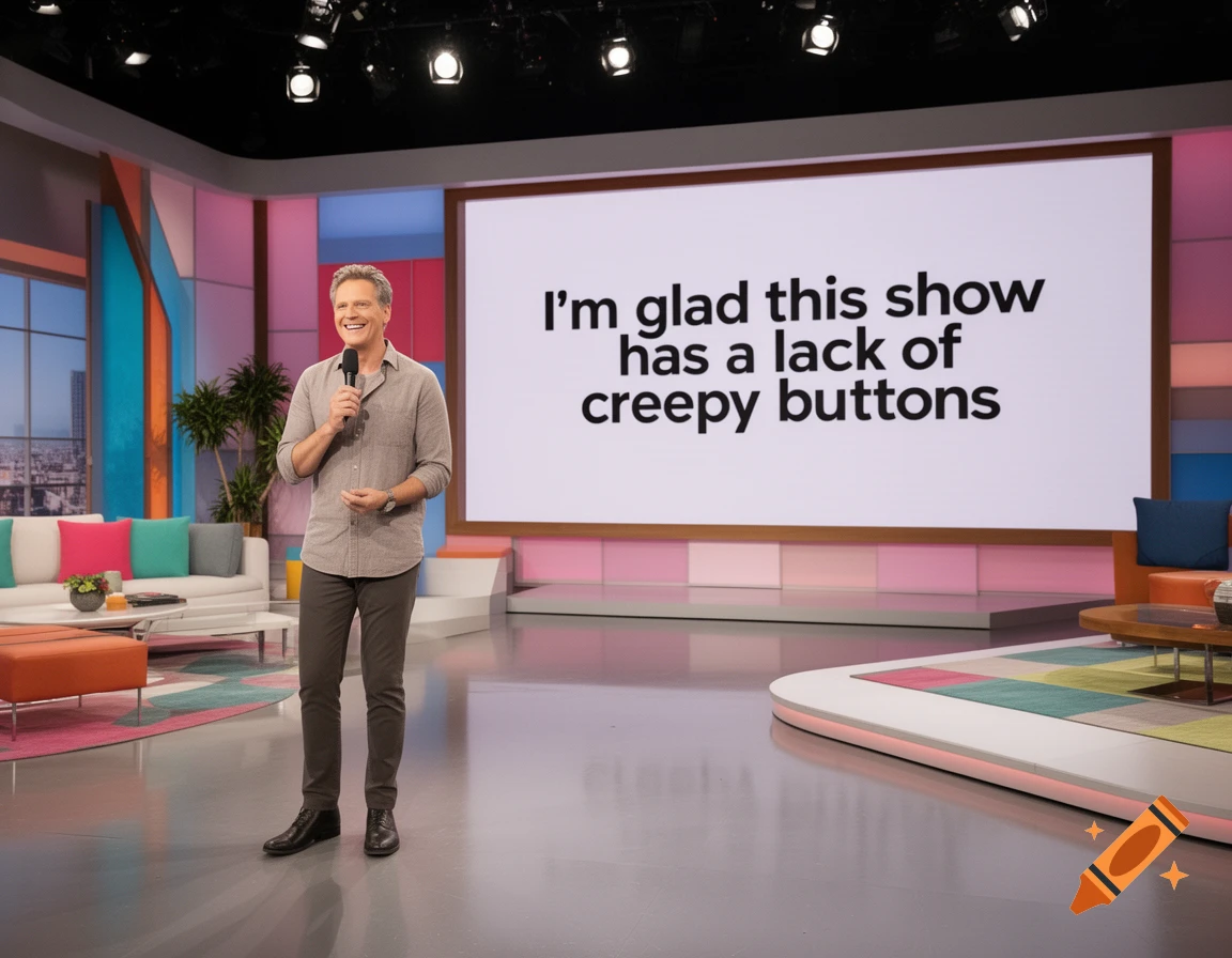 A man holds a microphone on a vibrant television talk show set, with the text 'I'm glad this show has a lack of creepy buttons' displayed on a large screen behind him.