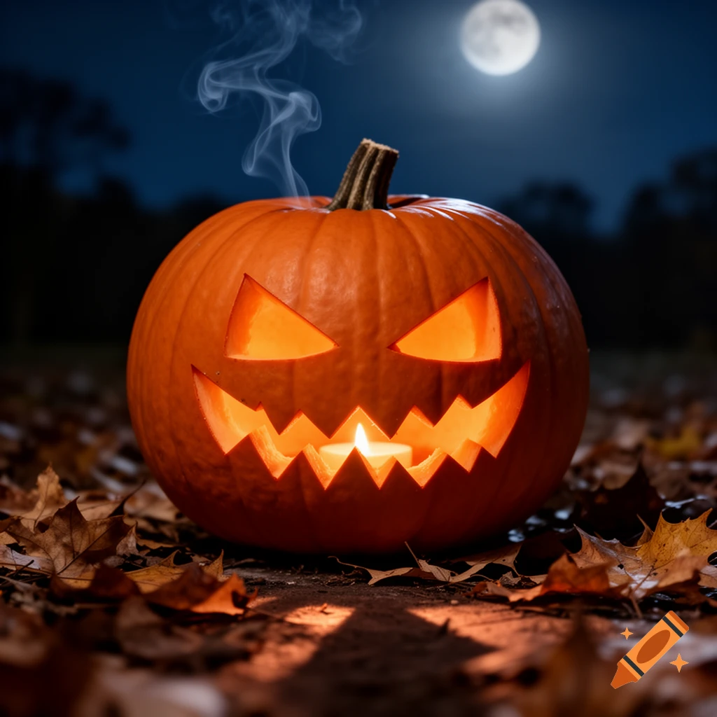A glowing jack-o'-lantern with smoke rising from its top sits among fallen leaves under a full moon at night.