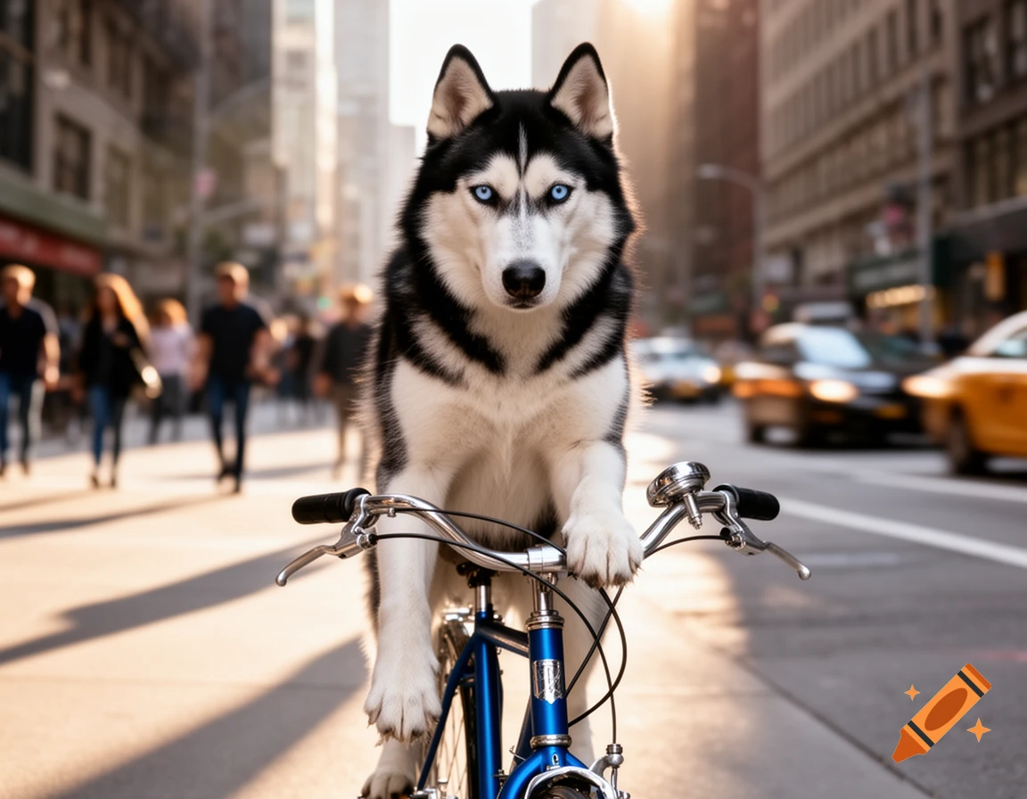 A photorealistic image of a black and white husky with blue eyes on a blue bicycle on a busy city street.
