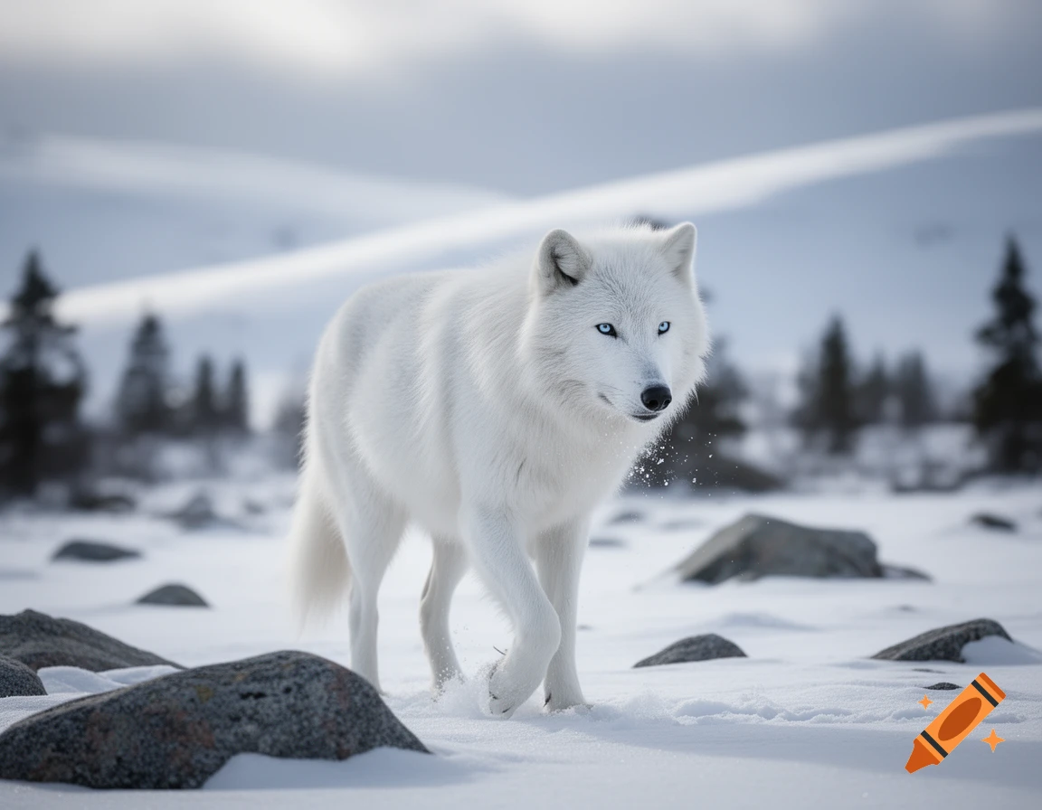 A majestic white arctic wolf with piercing blue eyes walks through a snowy, rocky landscape under a soft grey sky.