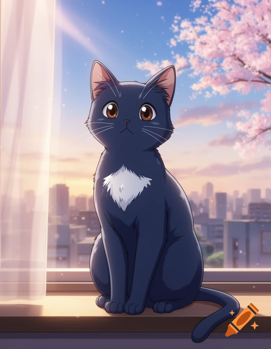 An anime black and white cat sits on a windowsill, gazing at a city skyline with cherry blossoms during sunrise.