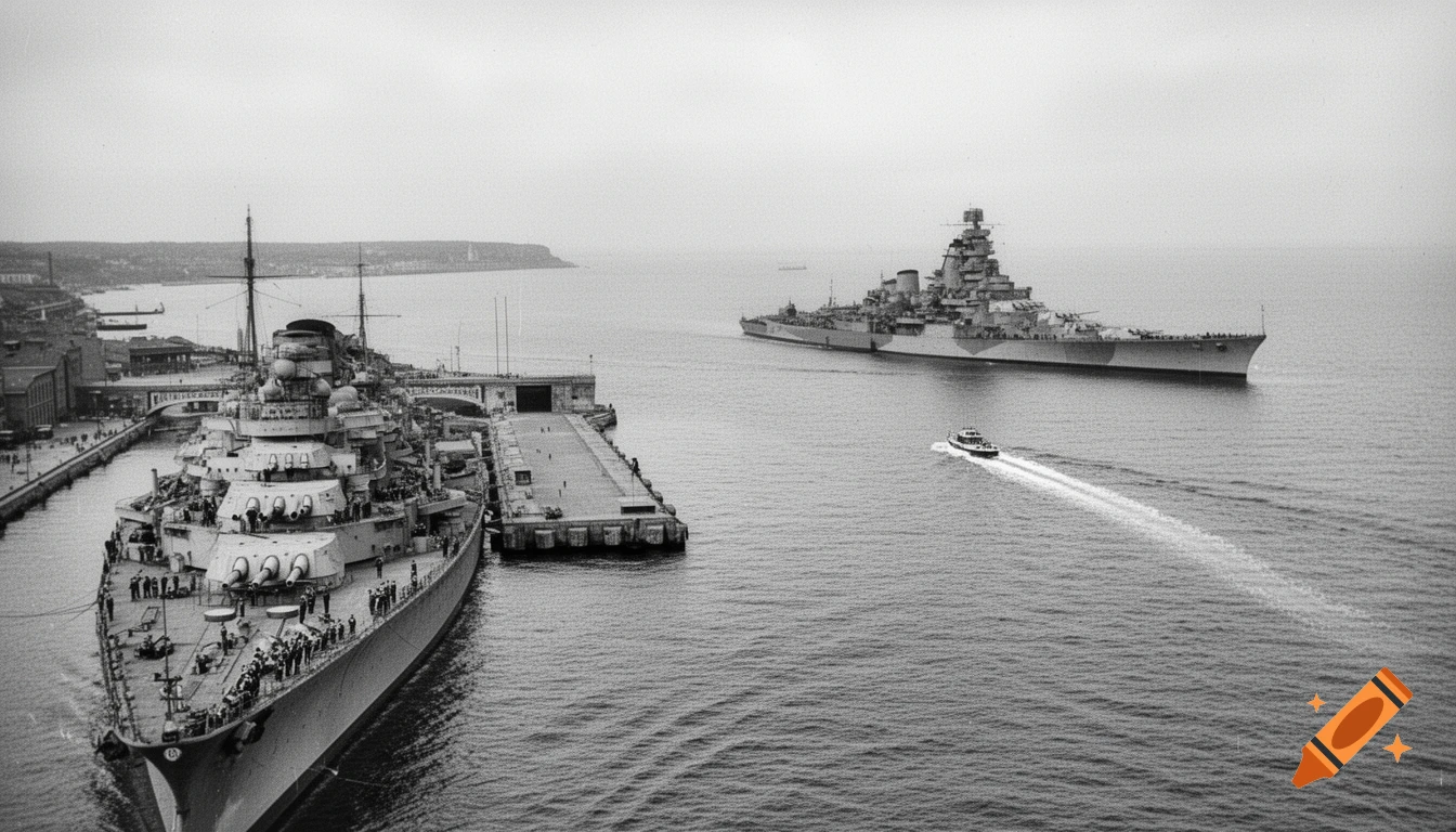 Vintage black and white photo of two battleships, one docked and one anchored, with a small yacht steaming in a harbor.