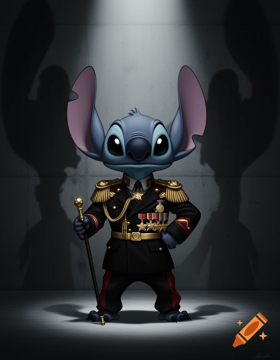 Stitch, the blue alien, in a black and gold dictator's uniform, holding a cane under a spotlight.